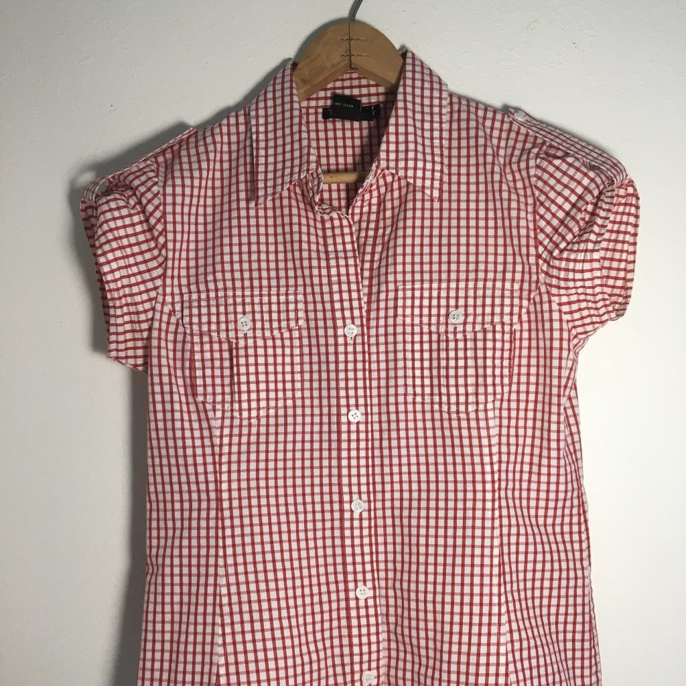 Tracy M fitted cap sleeve, button front blouse, red and white check, size S